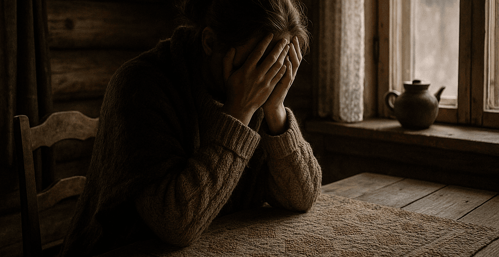 alone Женщина сидит за столом и закрывает лицо руками, символ боли и отчаяния