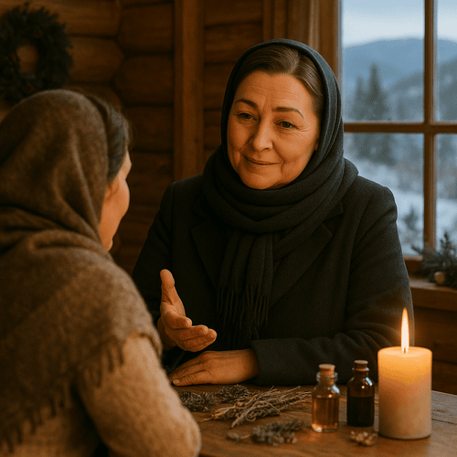 luda_younger3_tiny Ясновидящая Людмила беседует с клиентом за столом во время консультации