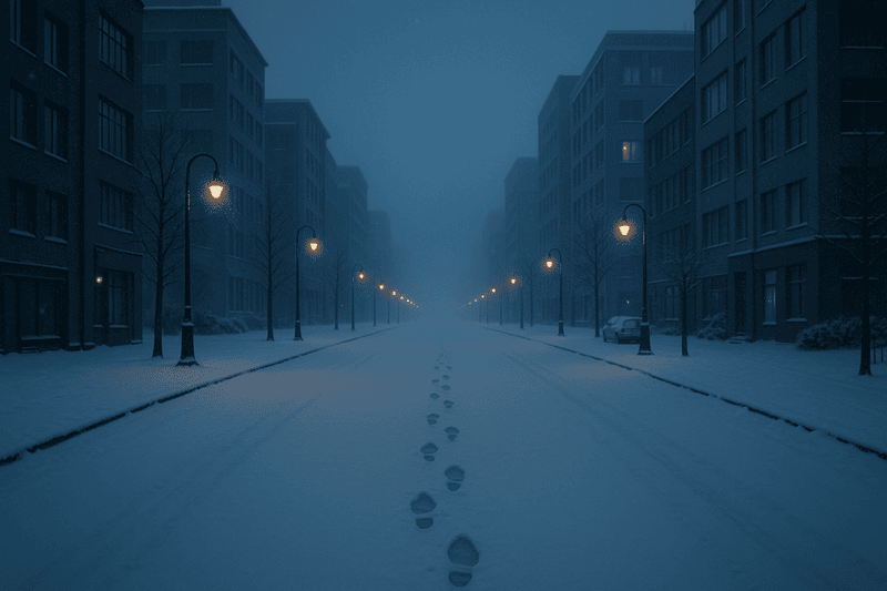 street Зимняя улица с одинокими следами на снегу, символ ухода и расстояния